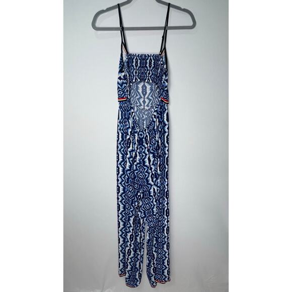 Flying Tomato Blue Aztec Print Jumpsuit Romper Size Small Cutout Waist Tie Back - Picture 5 of 5